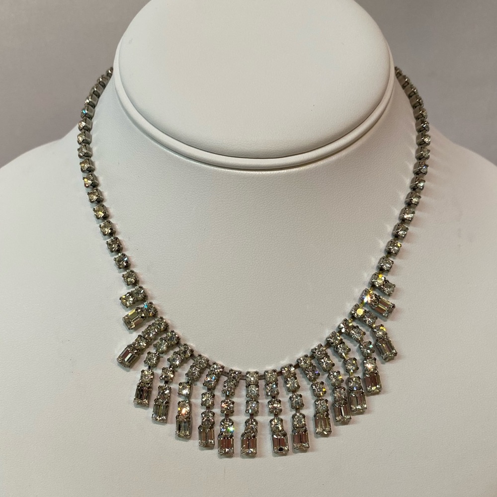 Vintage Clear Rhinestone Waterfall Dangle Collar Necklace Choker Bridal 15"
